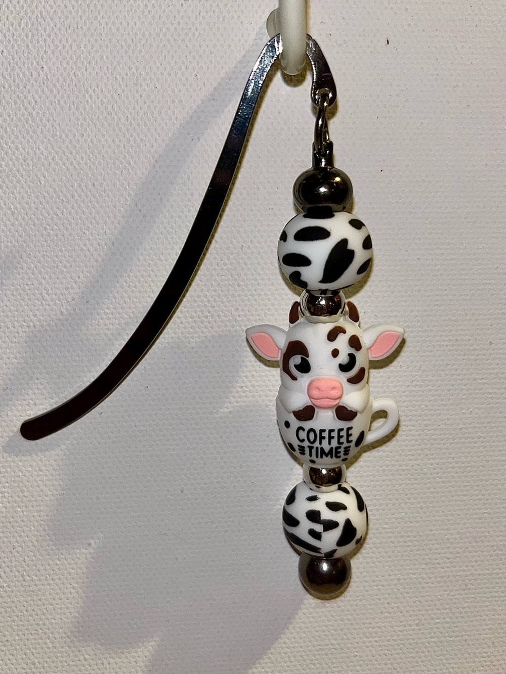 Charmingly Cute Cow ‘Coffee Time’ Bookmark w/White & Black Cow Print Accents